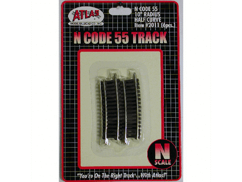 N Code 55 Track w/Nickel-Silver Rail & Brown Ties -- 10" Radius Half Curve pkg(6)