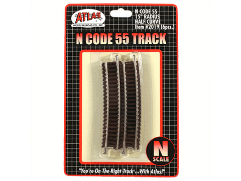 N Code 55 Track w/Nickel-Silver Rail & Brown Ties -- 15" Radius Half Curve pkg(6)