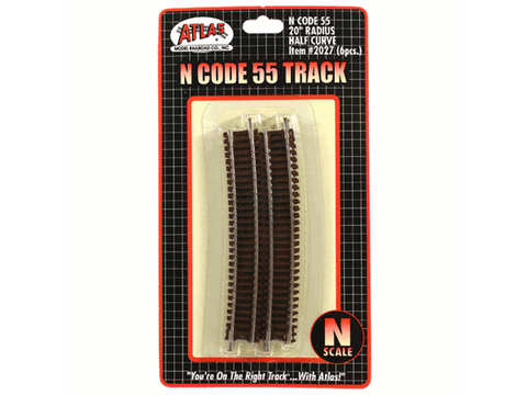 N Code 55 Track w/Nickel-Silver Rail & Brown Ties -- 20" Radius Half Curve pkg(6)