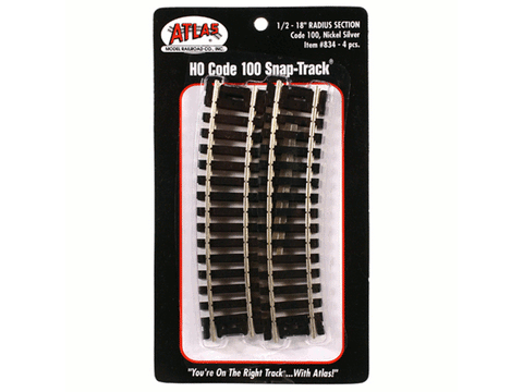 HO Curved Snap-Track(R) Nickel-Silver Rail -- 1/2 Section - 18" Radius, Black Ties pkg(4)