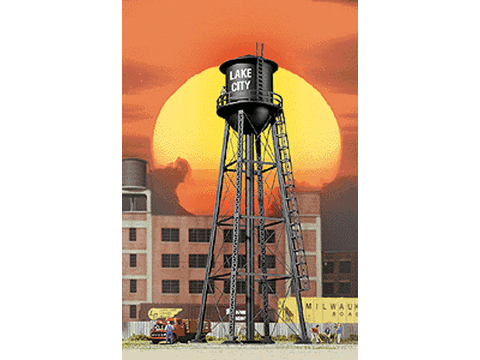 HO City Water Tower - Built-ups -- Assembled - Black - 3-3/4 x 3-3/4 x 11" 9.3 x 9.3 x 27.5cm