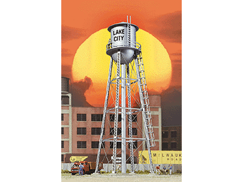 HO City Water Tower - Built-ups -- Assembled - Silver - 3-3/4 x 3-3/4 x 11" 9.3 x 9.3 x 27.5cm