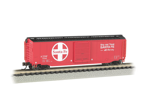 N 50' Sliding-Door Boxcar w/Roofwalk - Ready to Run -- Santa Fe (red, black, white; Large Logo, Ship & Travel Slogan)