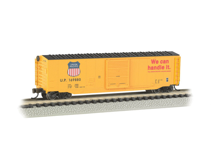 bac19455 N 50' Sliding-Door Boxcar No Roofwalk - Ready to Run -- Union Pacific #1148 (Armour Yellow, black; "We Can Handle It" Slogan)