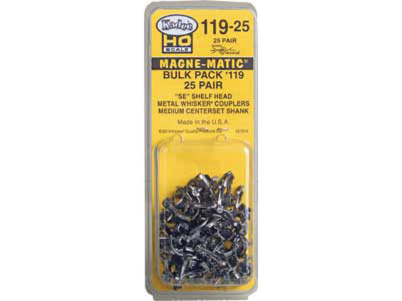 kad11925 HO #119 SE Shelf Whisker(R) Scale Knuckle Couplers - Kit - Magne-Matic(R) -- Medium 19/64" Centerset Shank 25 Pair
