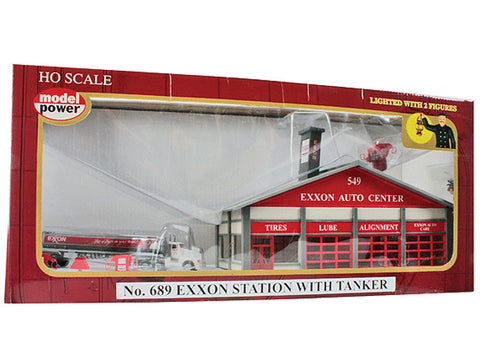 HO Built-Up Buildings - Lighted w/2 Figures & Truck -- Exxon Station - Tanker Truck